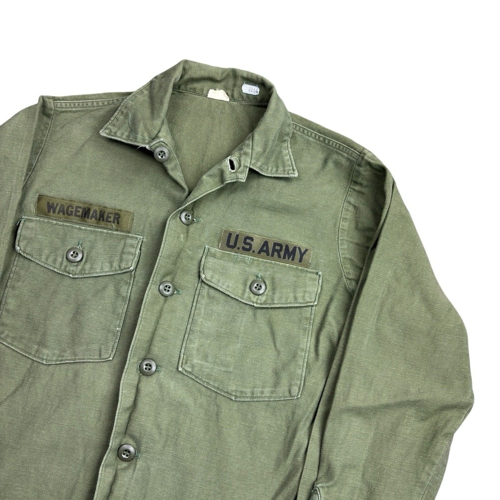 Vintage 70s OG-107 Sateen Shirt Men's Medium 15.5x33 Green Army Vietnam Military - Picture 2 of 10